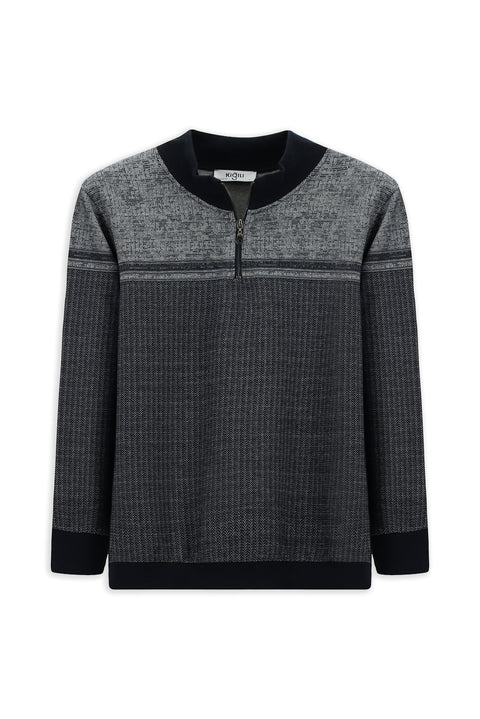 Orta Lacivert Yarım Balıkçı Yaka Yaka Regular Fit Desenli Fermuarlı Pamuklu Sweatshirt