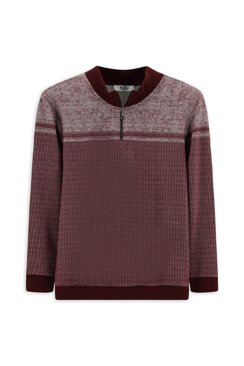 Dark Burgundy Half Turtleneck Regular Fit Patterned Zip-Up Cotton Sweatshirt