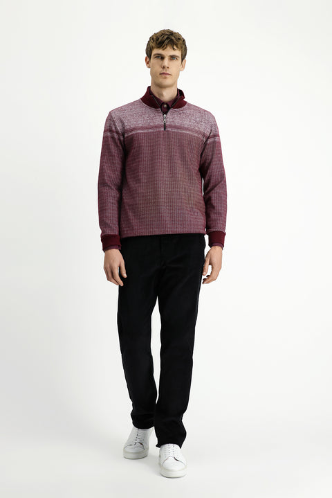 Dark Burgundy Half Turtleneck Regular Fit Patterned Zip-Up Cotton Sweatshirt