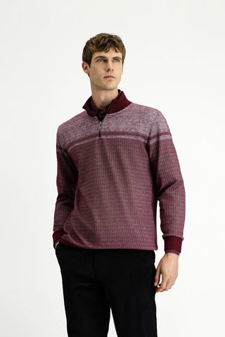  Koyu Bordo Yarım Balıkçı Yaka Yaka Regular Fit Desenli Fermuarlı Pamuklu Sweatshirt