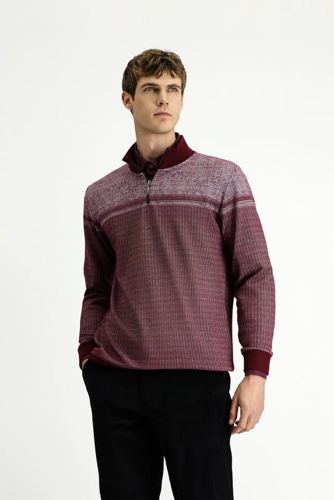 Koyu Bordo Yarım Balıkçı Yaka Yaka Regular Fit Desenli Fermuarlı Pamuklu Sweatshirt