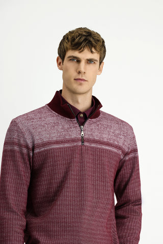  Koyu Bordo Yarım Balıkçı Yaka Yaka Regular Fit Desenli Fermuarlı Pamuklu Sweatshirt