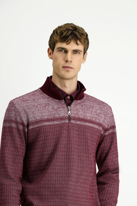 Koyu Bordo Yarım Balıkçı Yaka Yaka Regular Fit Desenli Fermuarlı Pamuklu Sweatshirt