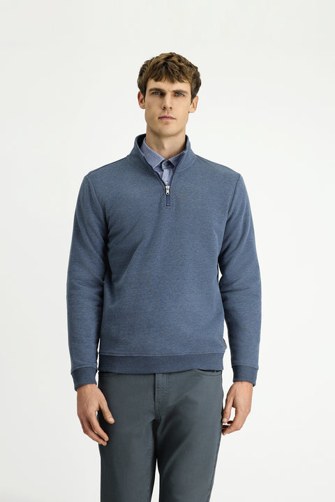 İndigo Melanj Yarım Balıkçı Yaka Yaka Regular Fit Fermuarlı Pamuklu Sweatshirt