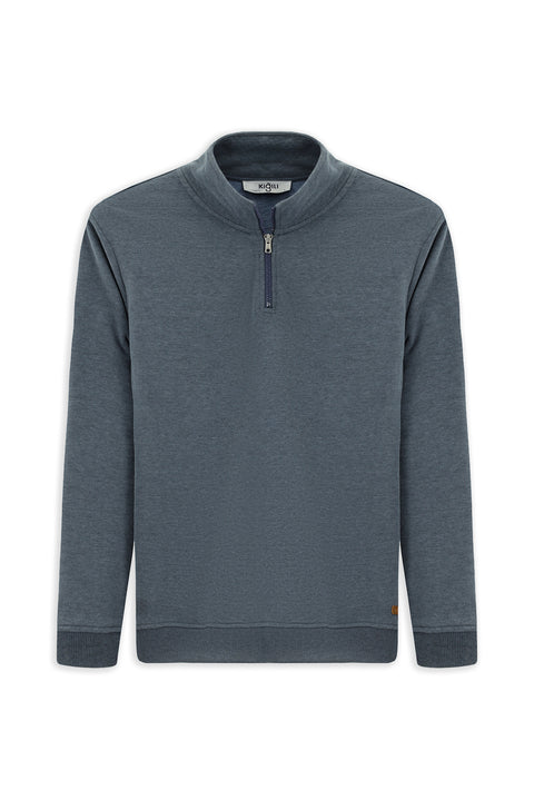 İndigo Melanj Yarım Balıkçı Yaka Yaka Regular Fit Fermuarlı Pamuklu Sweatshirt