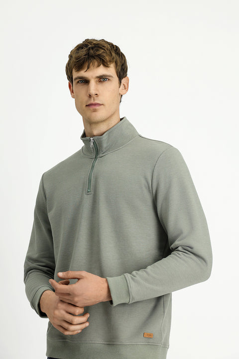 Açık Haki Yarım Balıkçı Yaka Yaka Regular Fit Fermuarlı Pamuklu Sweatshirt