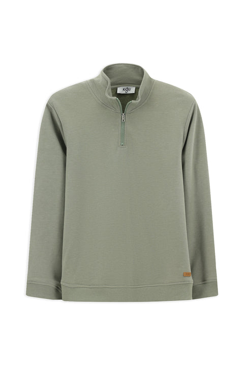 Açık Haki Yarım Balıkçı Yaka Yaka Regular Fit Fermuarlı Pamuklu Sweatshirt