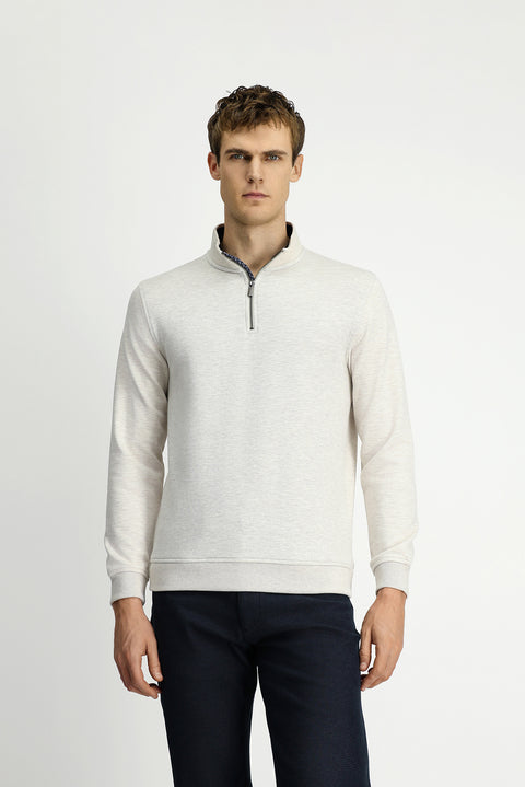 Açık Bej Yarım Balıkçı Yaka Regular Fit Fermuarlı Pamuklu Sweatshirt