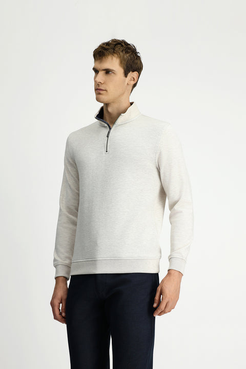 Açık Bej Yarım Balıkçı Yaka Regular Fit Fermuarlı Pamuklu Sweatshirt