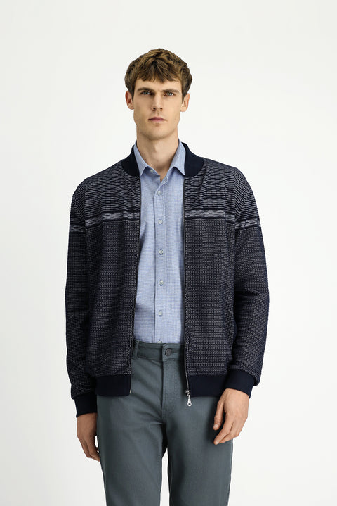 Orta Lacivert Desenli Fermuarlı Sweat Hırka