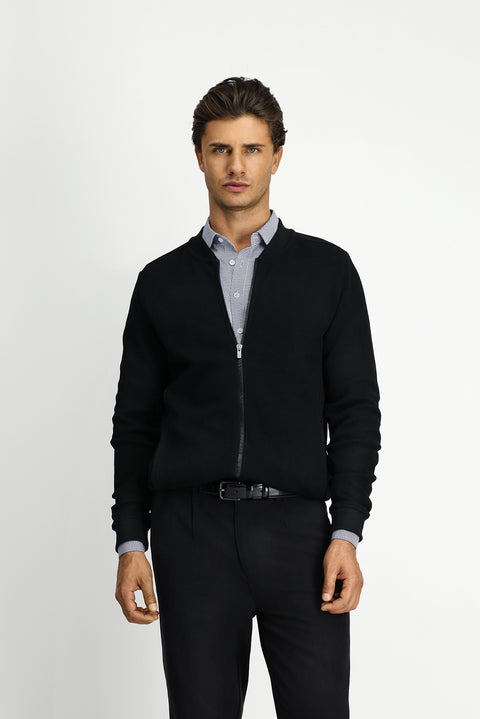 Siyah Fermuarlı Desenli Pamuk Bomber Sweatshirt