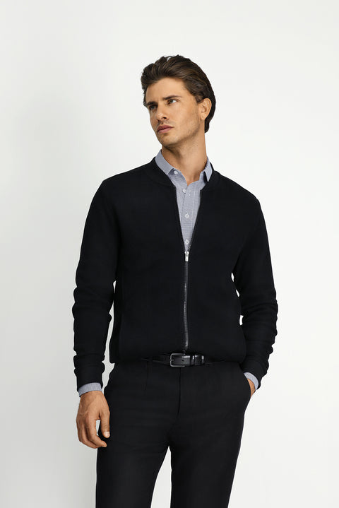 Siyah Fermuarlı Desenli Pamuk Bomber Sweatshirt