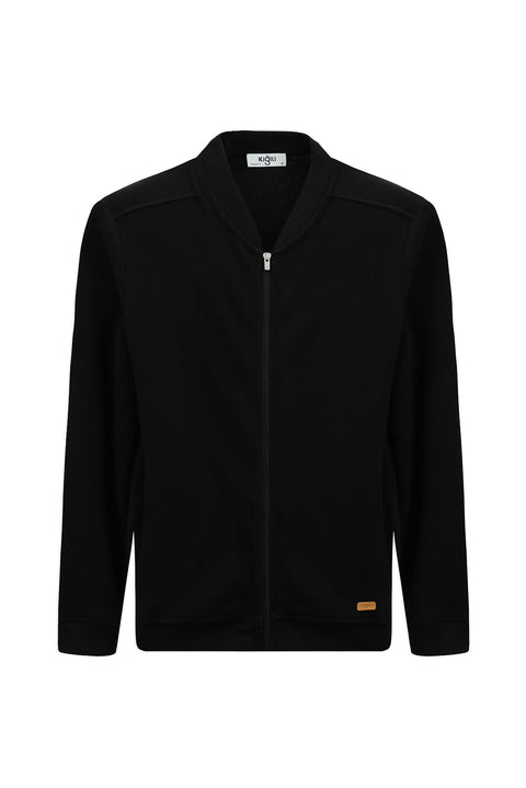 Siyah Fermuarlı Desenli Pamuk Bomber Sweatshirt