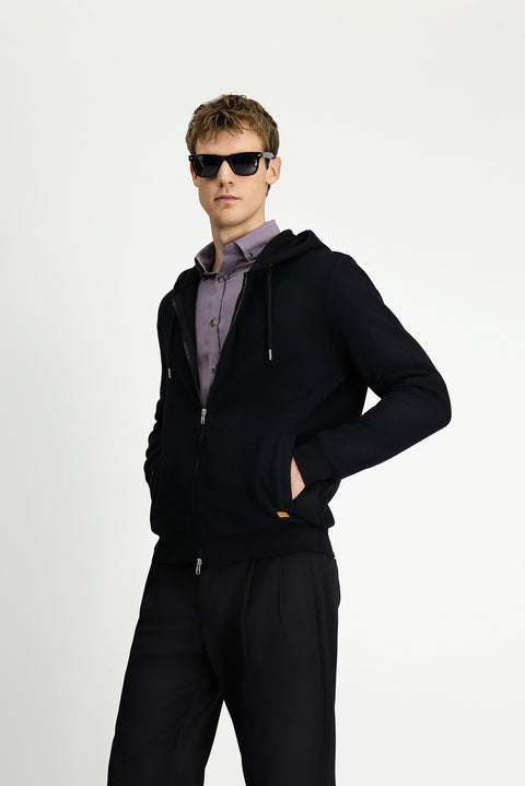 Siyah Kapüşonlu Fermuarlı Pamuklu Sweat Hırka