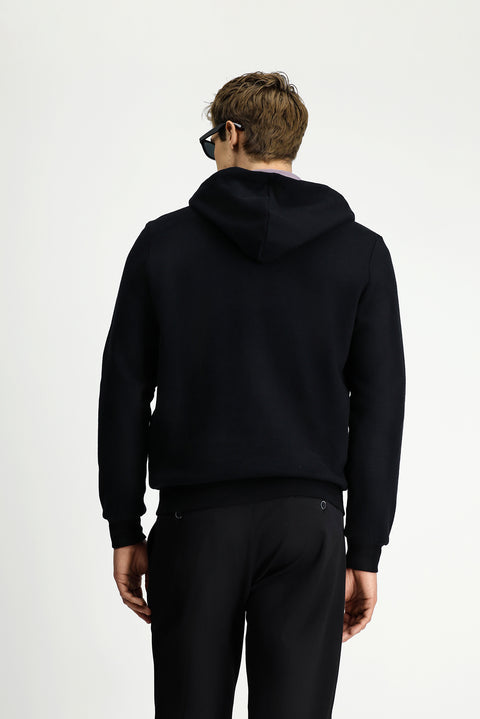 Siyah Kapüşonlu Fermuarlı Pamuklu Sweat Hırka