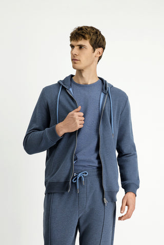  İndigo Melanj Kapüşonlu Fermuarlı Pamuklu Sweat Hırka