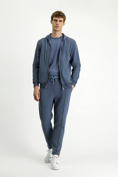 İndigo Melanj Kapüşonlu Fermuarlı Pamuklu Sweat Hırka