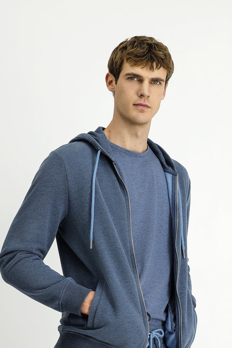 İndigo Melanj Kapüşonlu Fermuarlı Pamuklu Sweat Hırka