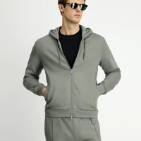 Açık Haki Kapüşonlu Fermuarlı Pamuklu Sweat Hırka