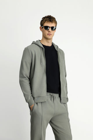 Açık Haki Kapüşonlu Fermuarlı Pamuklu Sweat Hırka
