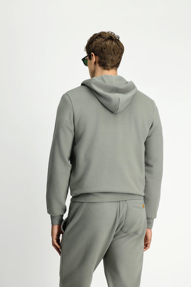 Açık Haki Kapüşonlu Fermuarlı Pamuklu Sweat Hırka