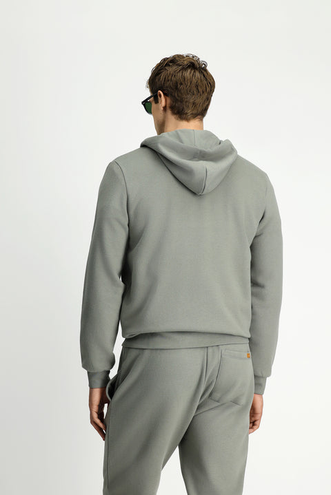 Açık Haki Kapüşonlu Fermuarlı Pamuklu Sweat Hırka