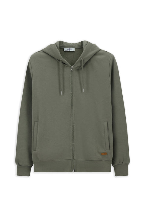 Açık Haki Kapüşonlu Fermuarlı Pamuklu Sweat Hırka