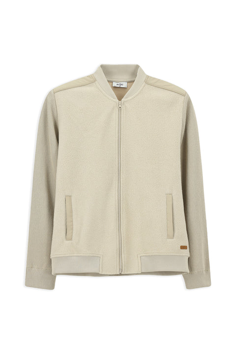 Light Beige Cotton Zip-Up Fleece Sweatshirt Cardigan