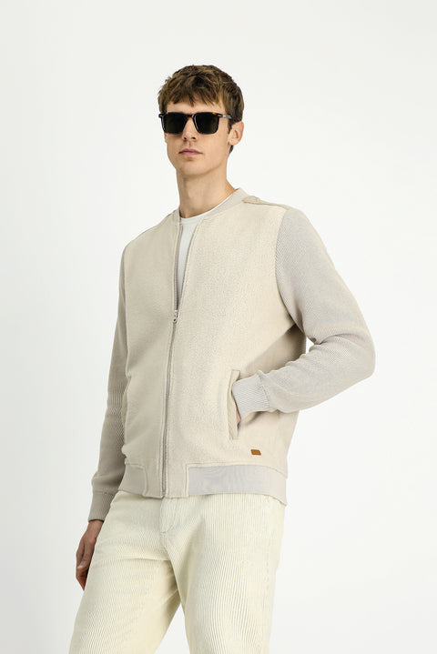 Açık Bej Pamuklu Fermuarlı Polar Sweat Hırka