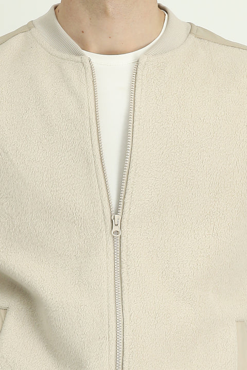 Açık Bej Pamuklu Fermuarlı Polar Sweat Hırka