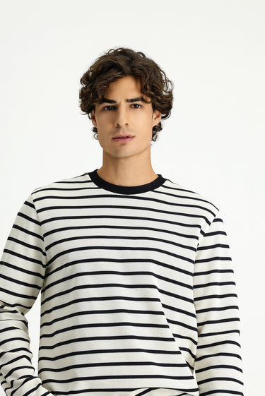  Ekru Bisiklet Yaka Regular Fit Çizgili Sweatshırt