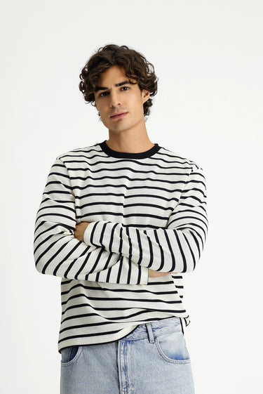 Ekru Bisiklet Yaka Regular Fit Çizgili Sweatshırt