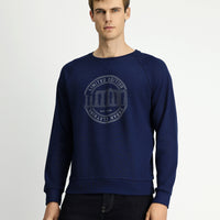 Koyu Lacivert Bisiklet Yaka Regular Fit Baskılı Pamuk Sweatshirt