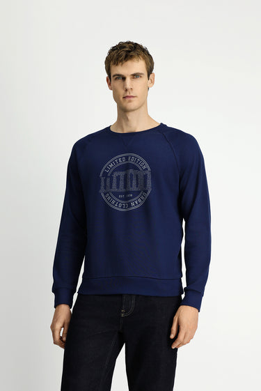  Koyu Lacivert Bisiklet Yaka Regular Fit Baskılı Pamuk Sweatshirt