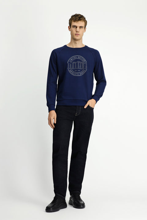 Koyu Lacivert Bisiklet Yaka Regular Fit Baskılı Pamuk Sweatshirt