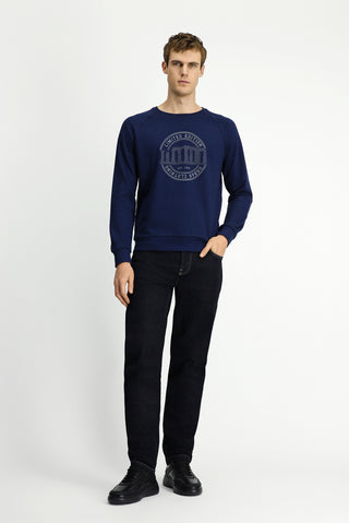  Koyu Lacivert Bisiklet Yaka Regular Fit Baskılı Pamuk Sweatshirt