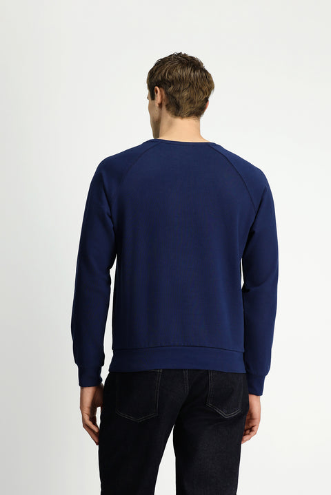 Koyu Lacivert Bisiklet Yaka Regular Fit Baskılı Pamuk Sweatshirt