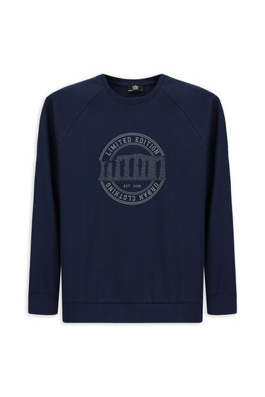  Koyu Lacivert Bisiklet Yaka Regular Fit Baskılı Pamuk Sweatshirt