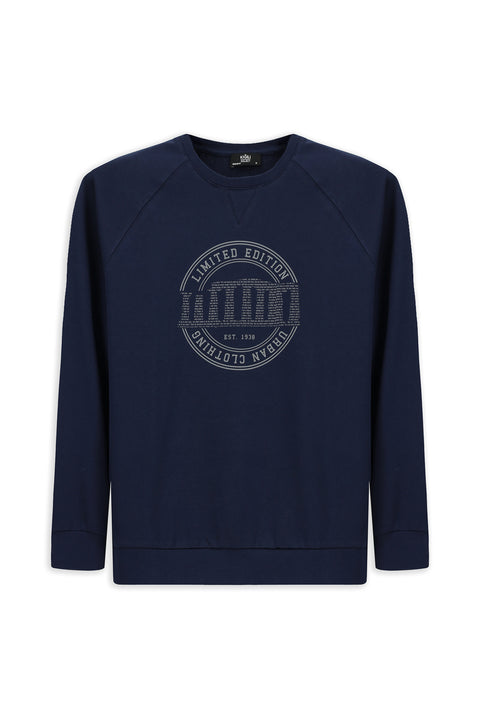 Koyu Lacivert Bisiklet Yaka Regular Fit Baskılı Pamuk Sweatshirt