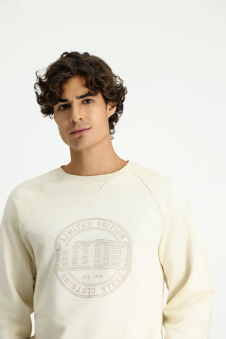  Ekru Bisiklet Yaka Regular Fit Baskılı Pamuk Sweatshirt