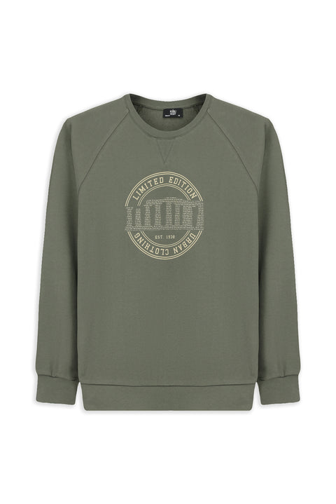 Açık Haki Bisiklet Yaka Regular Fit Baskılı Pamuk Sweatshirt