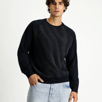 Siyah Bisiklet Yaka Regular Fit Desenli Pamuklu Sweatshirt