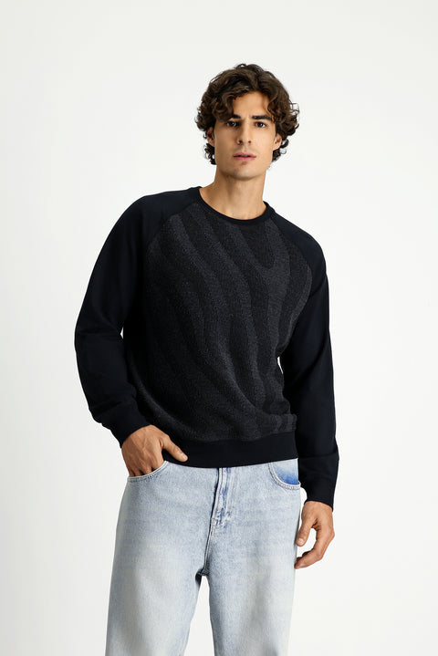 Siyah Bisiklet Yaka Regular Fit Desenli Pamuklu Sweatshirt