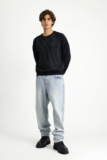  Siyah Bisiklet Yaka Regular Fit Desenli Pamuklu Sweatshirt