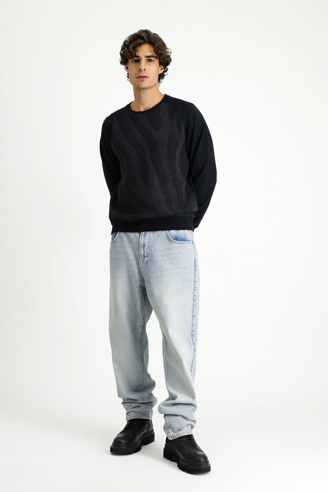 Siyah Bisiklet Yaka Regular Fit Desenli Pamuklu Sweatshirt