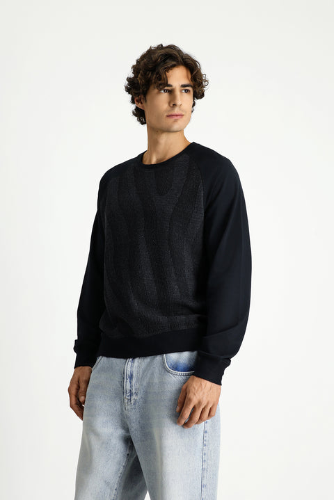 Siyah Bisiklet Yaka Regular Fit Desenli Pamuklu Sweatshirt