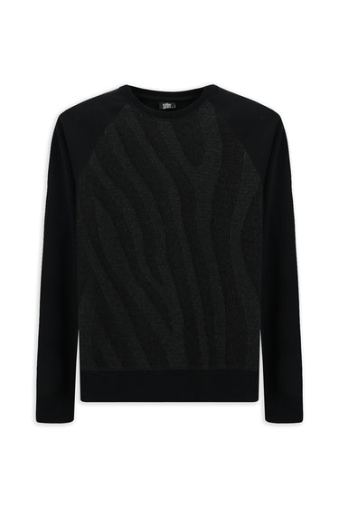 Siyah Bisiklet Yaka Regular Fit Desenli Pamuklu Sweatshirt