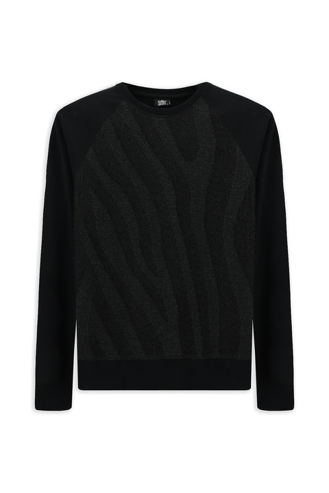 Siyah Bisiklet Yaka Regular Fit Desenli Pamuklu Sweatshirt