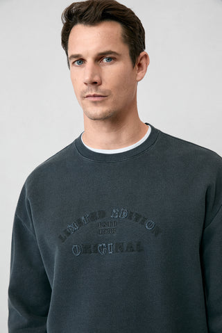  Orta Antrasit Bisiklet Yaka Oversize Ekstra Rahat Kesim Nakış Desenli Pamuk Sweatshırt