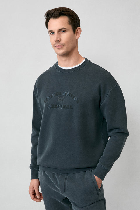 Orta Antrasit Bisiklet Yaka Oversize Ekstra Rahat Kesim Nakış Desenli Pamuk Sweatshırt